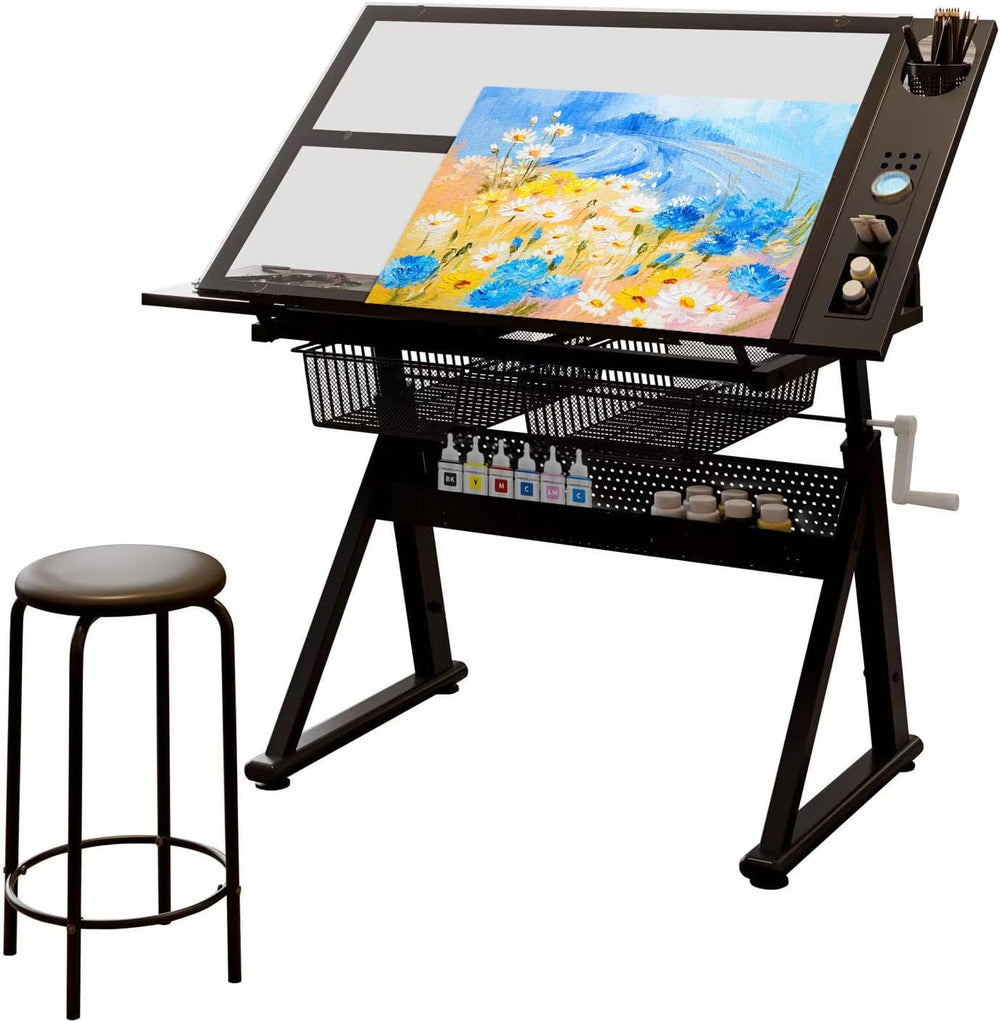 Adjustable Drawing Table for Artists | Drafting Desk with Tilted Glass Top | ...