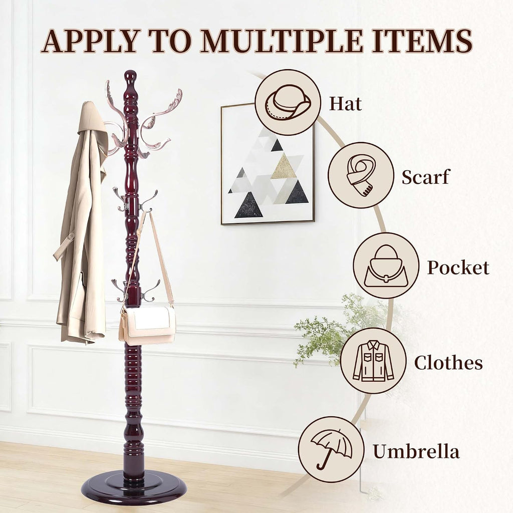 Wooden Coat Rack Freestanding, Vintage Solid Coat Hanger Stand 20 Hooks, Coat Tree Adjustable Height 73", Round Base, Coat Racks free standing for Entryway Hallway, Porch, Bedroom