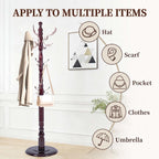 Wooden Coat Rack Freestanding, Vintage Solid Coat Hanger Stand 20 Hooks, Coat Tree Adjustable Height 73", Round Base, Coat Racks free standing for Entryway Hallway, Porch, Bedroom