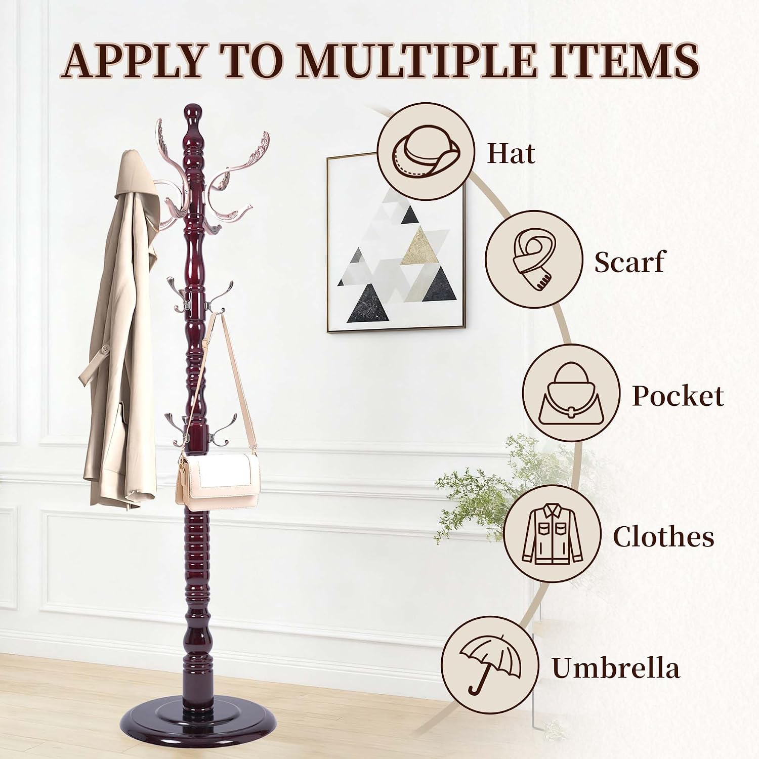 Wooden Coat Rack Freestanding, Vintage Solid Coat Hanger Stand 20 Hooks, Coat Tree Adjustable Height 73", Round Base, Coat Racks free standing for Entryway Hallway, Porch, Bedroom