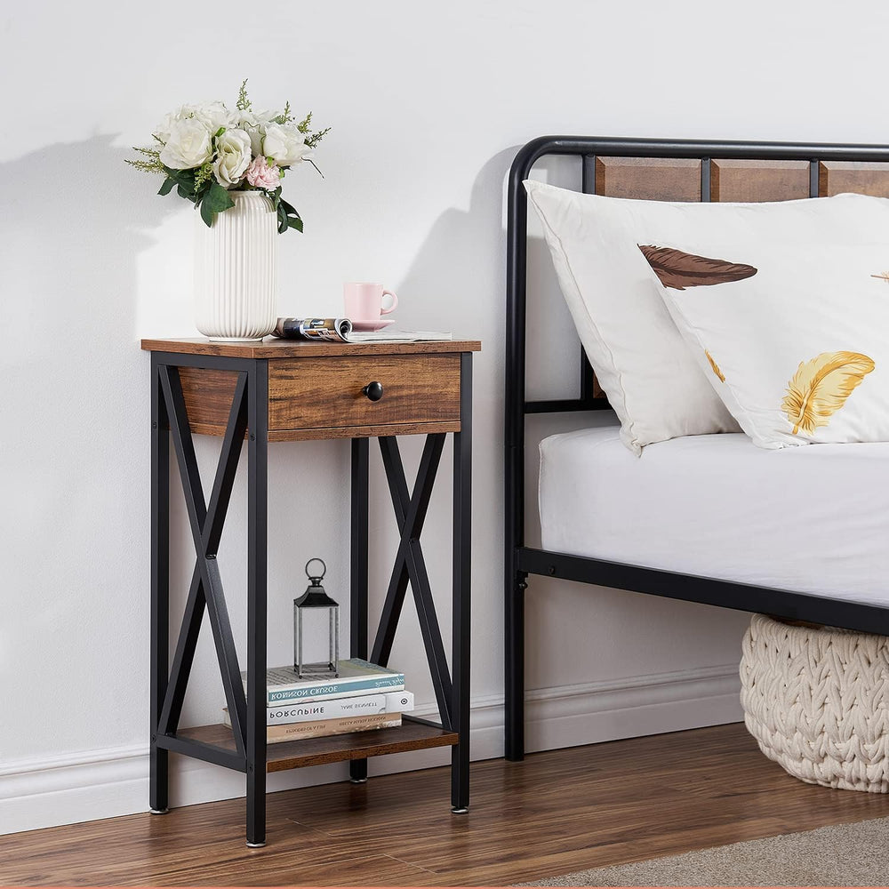 VECELO Tall Nightstand,27.6 inch Wooden End Table with Metal X-Frame,Side Tab...