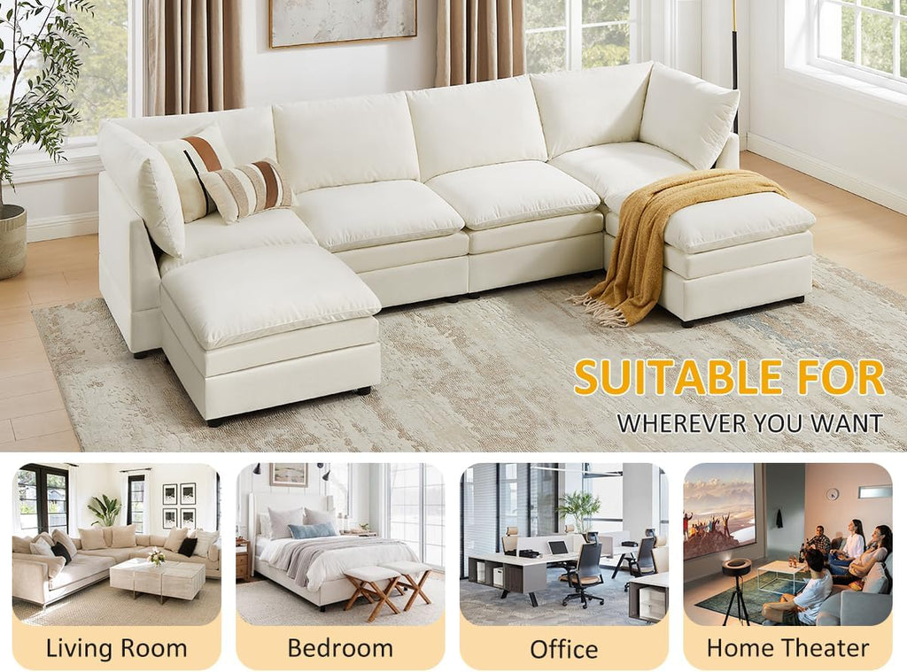 98" Cloud Modular Sectional Sofa Couches with Ottoman, Ivory White | Oversized Modern Sleeper Sofa with Deep Seat Double-Layer Thick Cushion, Convertible Upholstered Sofa Set for Living Room