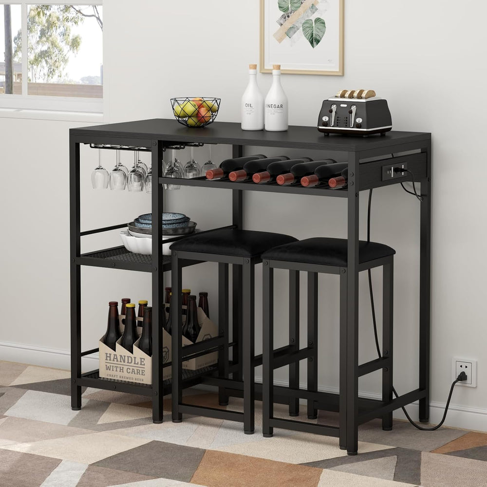 Bar Table and Chairs Set with Power Outlet, Pub Table and Chairs Set for 2