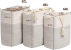Tall Laundry Basket With Handles,Woven Cotton Rope Big Laundry Hamper Sorters,Versatile Storage for Dirty Clothes,Baby Toys,and Blankets in Bathroom, Nursery,and Living Room (White/Black Line, 68L)