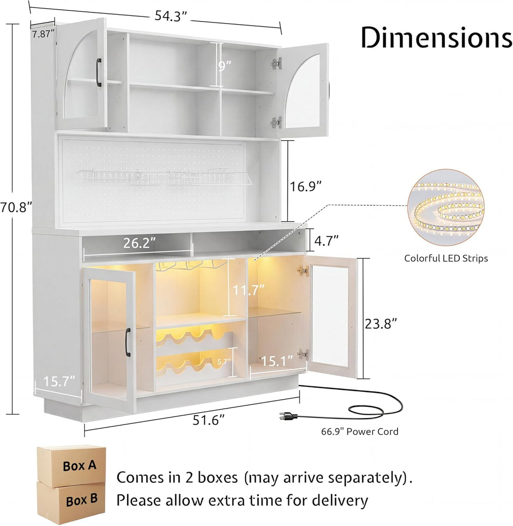 71" Tall Kitchen Pantry Storage Cabinet with LED Lights & Charging S...
