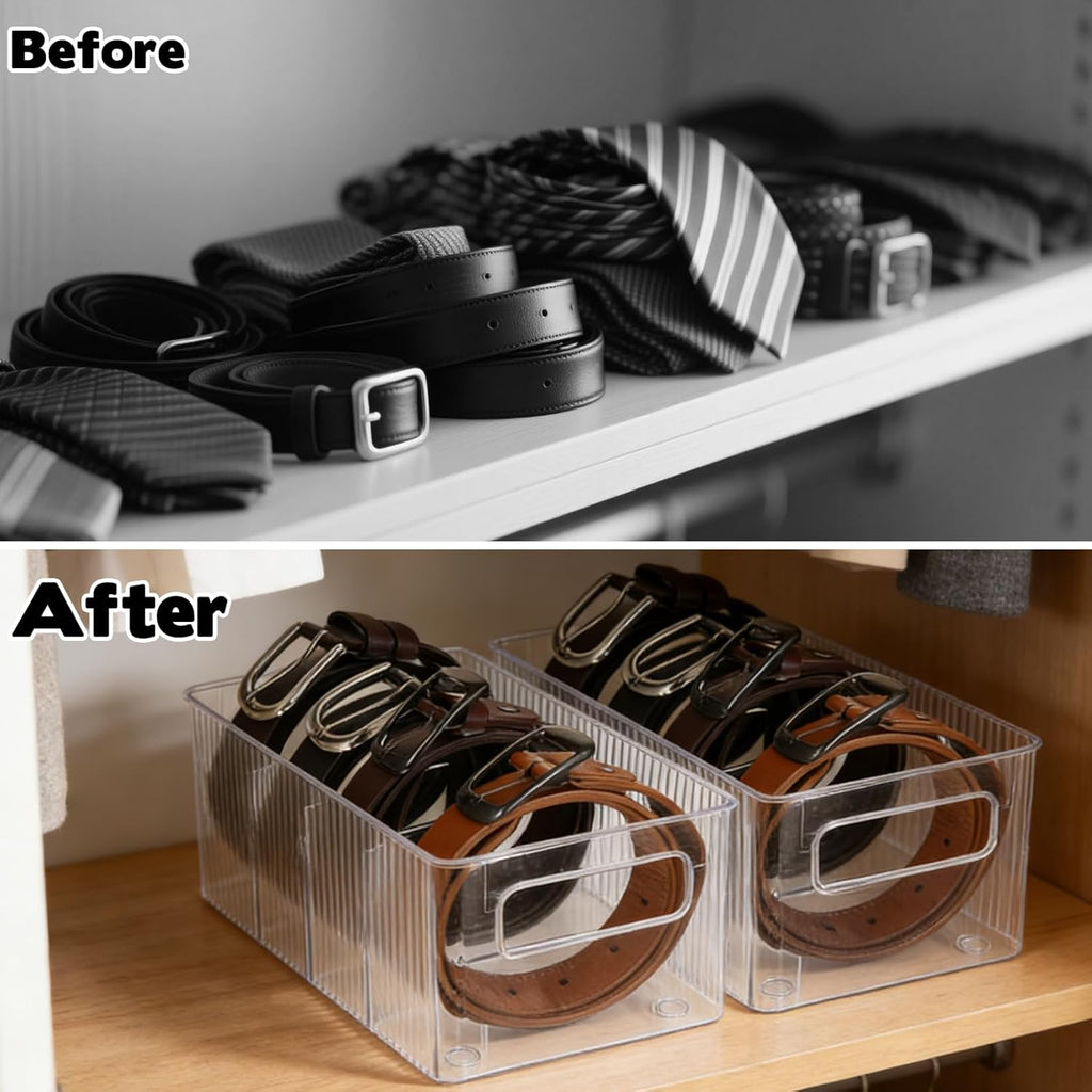 3 Pack Acrylic Belt Organizer - with Adjustable 4 Compartments & Stackable Design, Clear Storage for Closet and Drawer Organization, Display Case Pantry Cabinet Organizers for Ties,Socks,Underwear