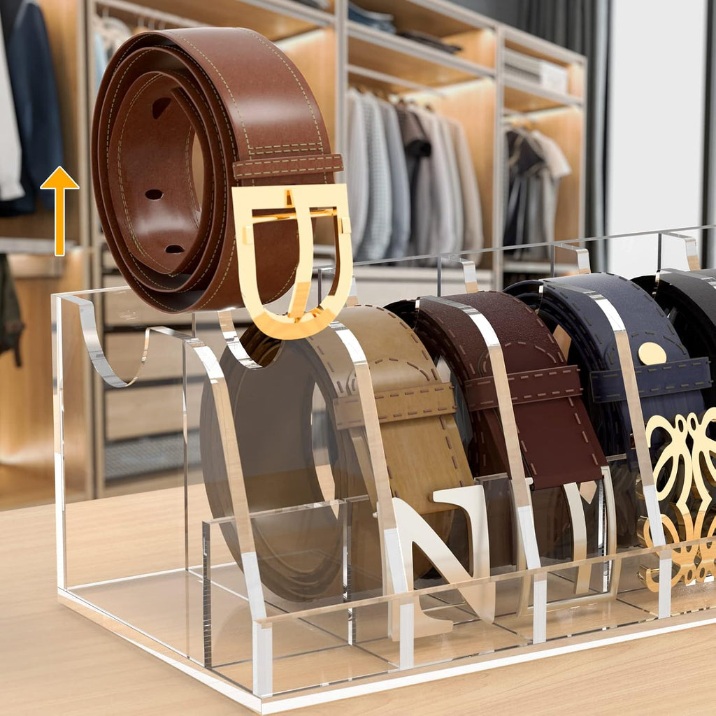 FEMELI Belt Organizer Acrylic Clear Case Storage Holder for Closet and Drawer, 7 Compartments Tie Box Container with Display Stand