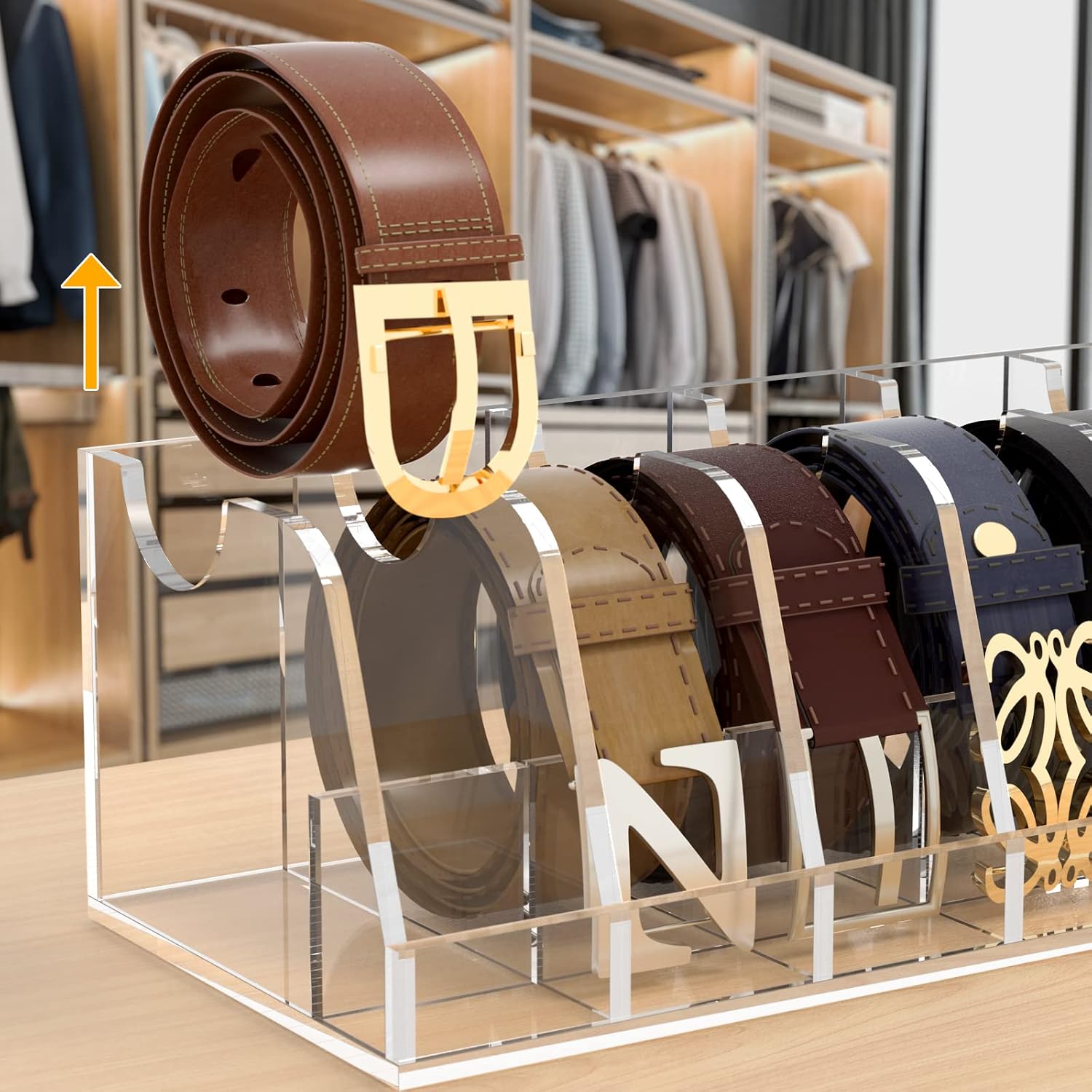 FEMELI Belt Organizer Acrylic Clear Case Storage Holder for Closet and Drawer, 7 Compartments Tie Box Container with Display Stand
