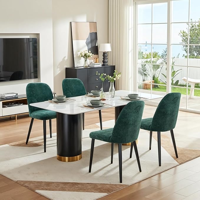 Upholstered Dining Chairs Set of 4, Chenille Mid Century Modern Fabric Dining Room Chair High-Back Padded Kitchen Chairs with Padded Seat and Metal Legs for Kitchen Dining Room Restaurant Cafe, Green