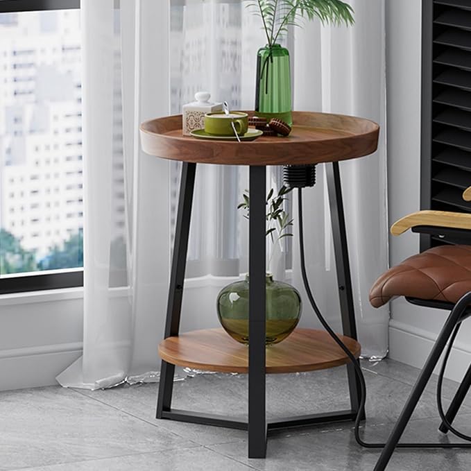 Gadroad Round End Table with Charging Station, USB Ports, Wood Tabletop &...