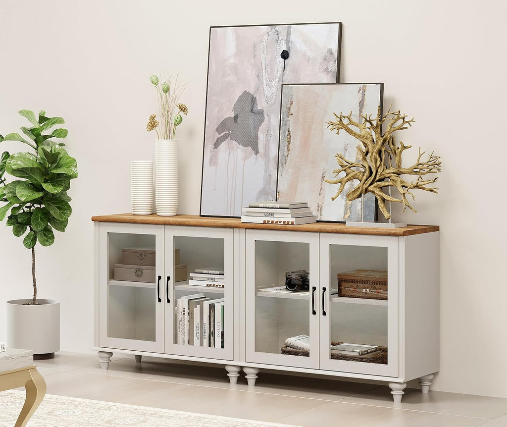WAMPAT White TV Stand for 75 inch TV with 4 Glass Doors, Morden Wood Universal TV Cabniet with Ample Storage Cabinets, Farmhouse Entertainment Center TV Console Table for Living Room, Bedroom, 68"