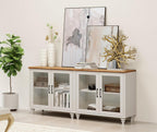 WAMPAT White TV Stand for 75 inch TV with 4 Glass Doors, Morden Wood Universal TV Cabniet with Ample Storage Cabinets, Farmhouse Entertainment Center TV Console Table for Living Room, Bedroom, 68"