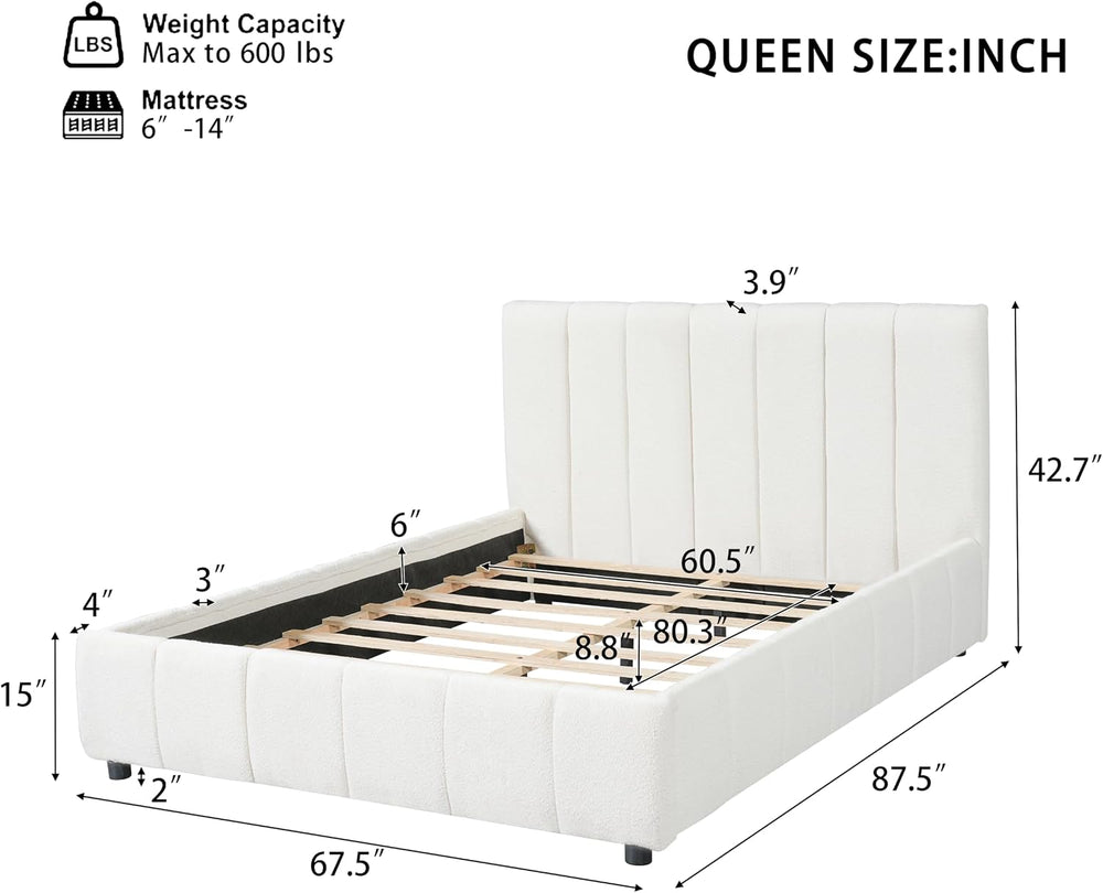 Merax Boucle Upholstered Queen Bed Frame with 42.7" High Headboard &...