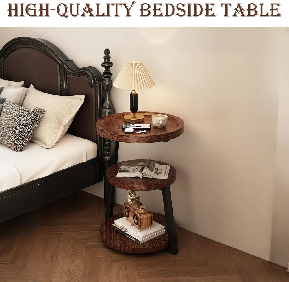 YUNMUARY-Walnut Wood Side Table,Modern Round Bed Tables Bedroom,Circle End Ta...