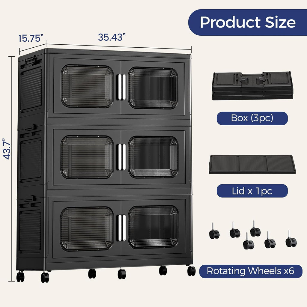 150 Gallon Extra Large Storage Bin with Lid and Wheels, Stackable Collapsible Plastic Storage Box with Door, Foldable Organizer for Closet, Kitchen, Office, Living Room, 3 Pack Black