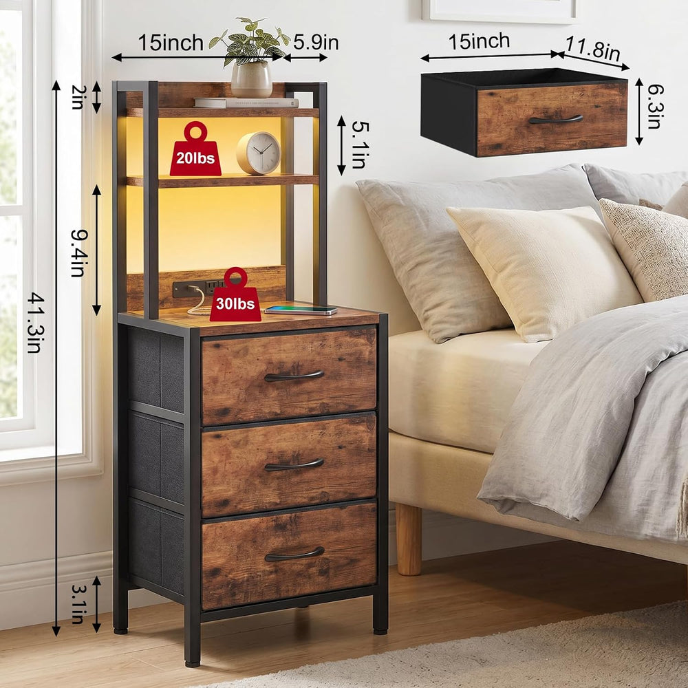 Fixwal 41 Inch Tall Nightstand with Charging Station, Led Night Stand with U-...