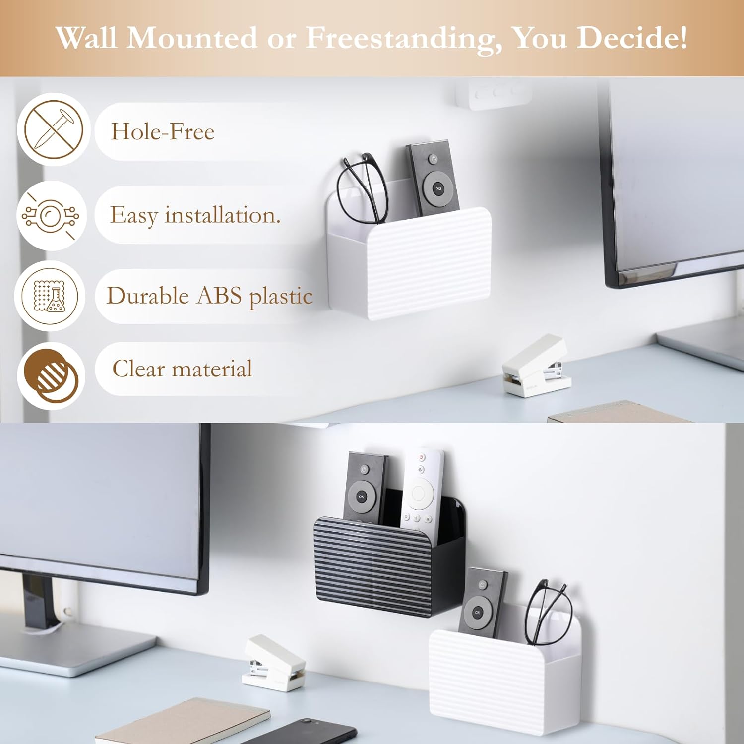 LINFIDITE 2 Pack Adhesive TV Remote Control Holder Wall Mount TV Remote Holder For Bedside Wall Remote Control Caddy Storage Organizer Stand Box （For 2 Or 4 Remote Controls – White ）