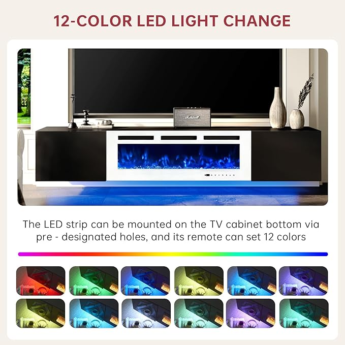 MXV 80'' Floating TV Stand, Modern Media Entertainment Center with 40" Electric Fireplace, TV Console Cabinet Wall Mounted, Adjustable 12-Color LED Lights, for Living Room, Black + White