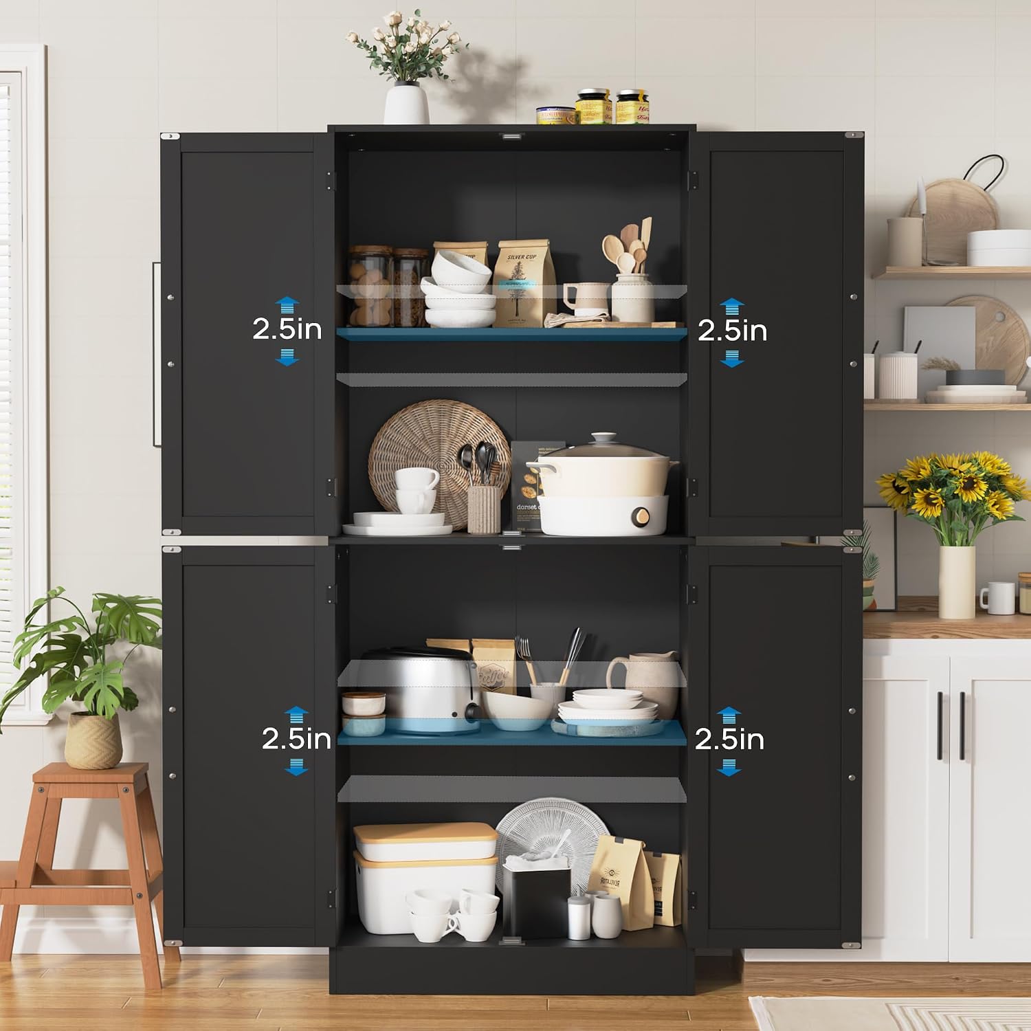 MHOM 71" Farmhouse Pantry Cabinet, Tall Storage Cabinet with 4 Doors and Adjustable Shelves, Freestanding Pantry for Dining Room, Kitchen, and Living Room, Black