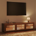 POVISON Mid Century Modern Wood Slatted TV Stand with LED Lights, Media Console for 70+ Inch TV, Entertainment Center with Storage Cabinet for Living Room, Fully-Assembled (Dark Wood, 70.87")