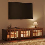POVISON Mid Century Modern Wood Slatted TV Stand with LED Lights, Media Console for 70+ Inch TV, Entertainment Center with Storage Cabinet for Living Room, Fully-Assembled (Dark Wood, 70.87")