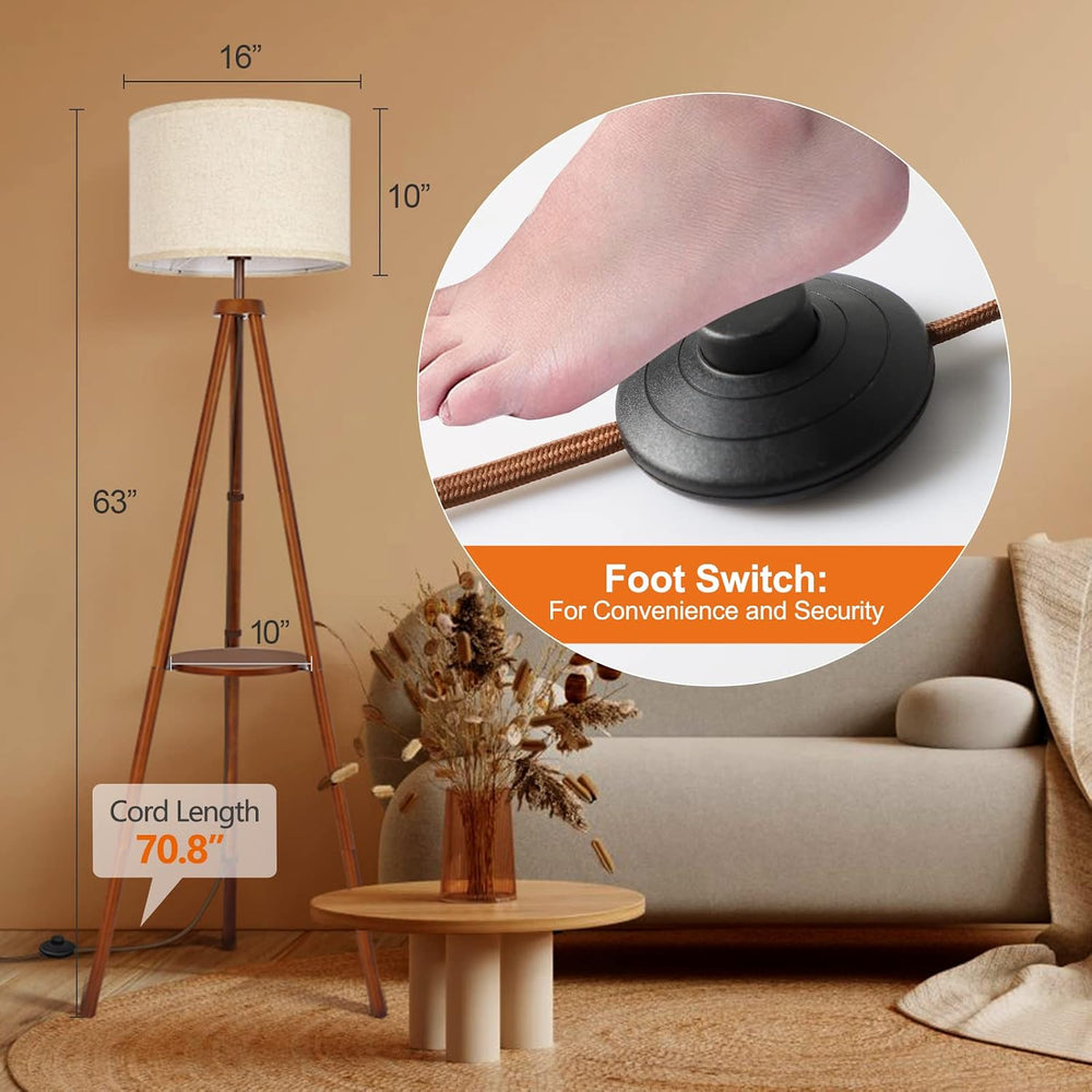 OUTON Wood Tripod Floor Lamp with Shelves, Mid Century LED Modern Dimmable Fl...