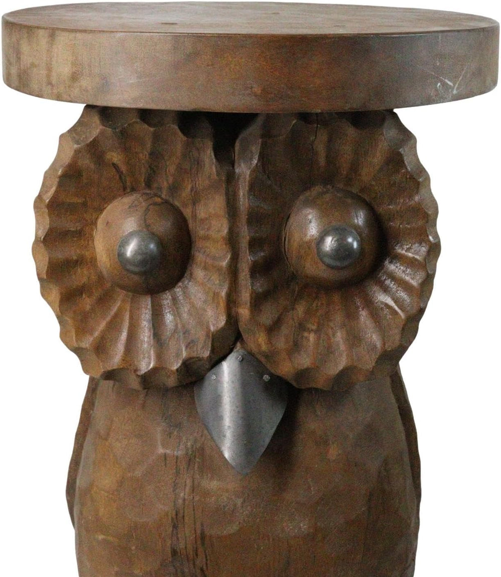 Ebros Gift Hand Carved Whimsical Wise Owl Round Top Sculptural Side Table Mad...