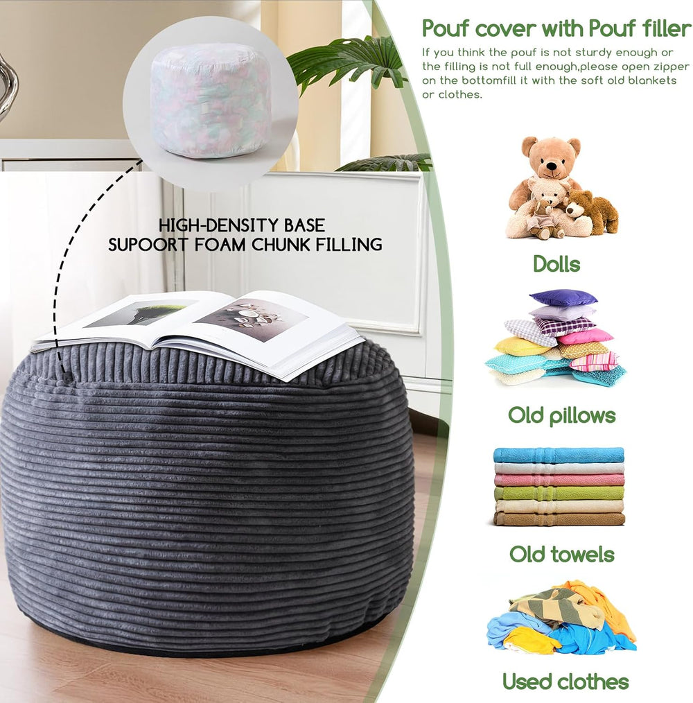 HIGOGOGO Round Stuffed Pouf Ottoman, Corduroy Poufs with Foam Chunk Filling, ...