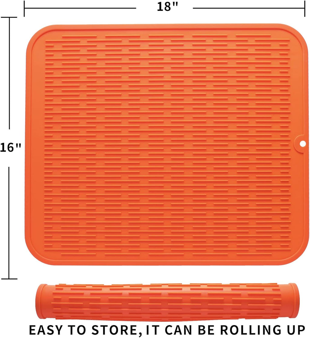 Silicone Dish Drying Mat for Multiple Usage,Easy clean,Eco-friendly,Heat-resistant Silicone Mat for Kitchen Counter or Sink,Refrigerator or Drawer Liner Orange XL 18 inches x 16 inches