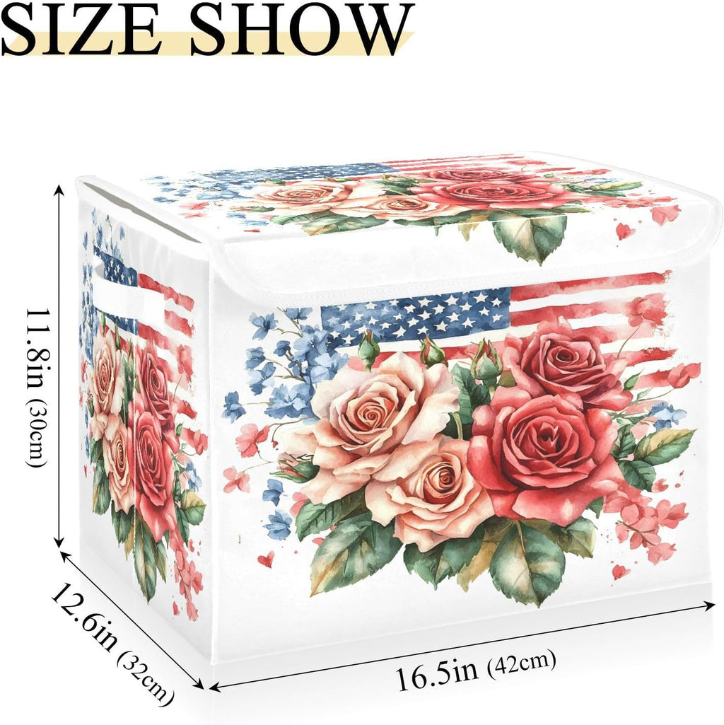 senya July Fourth Baskets Collapsible Storage Bins with Lids, Roses Gypsophila Flag Storage Boxes Clothes Baskets for Organizing