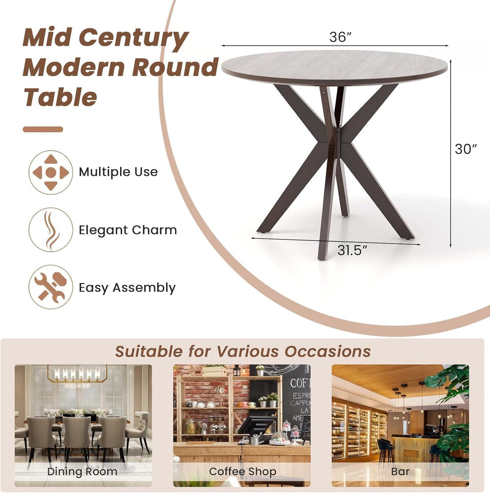 COSTWAY 36" Round Dining Table, Solid Wood Kitchen Table with Intersecti...