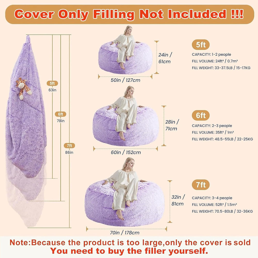 5FT Bean Bag Cover for Stuffed Animals Machine Washable, Gaming Bean Bag Chai...