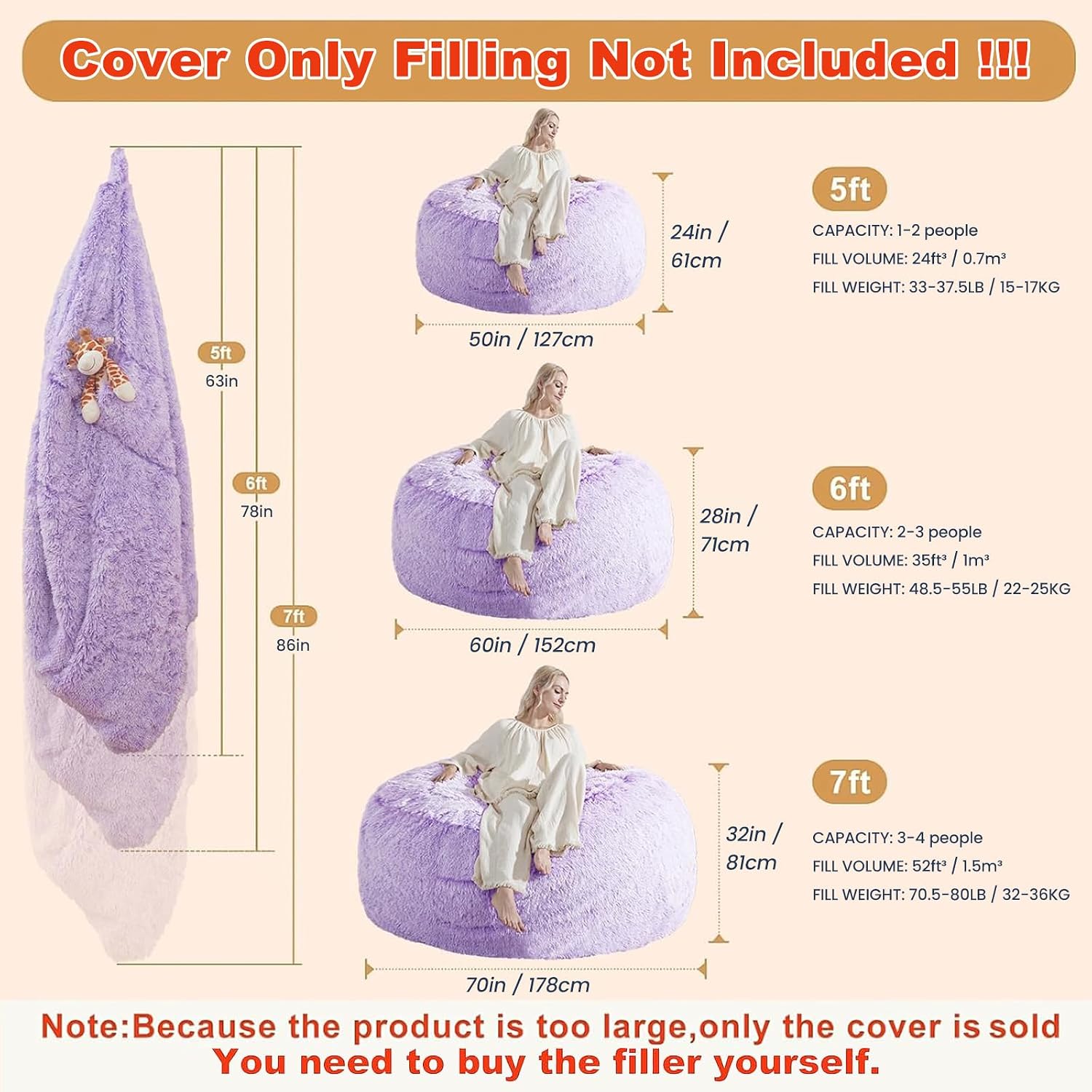 5FT Bean Bag Cover for Stuffed Animals Machine Washable, Gaming Bean Bag Chairs for Adults Teens Girls, Lovely Cute Bean Bag Storage Stuffed Animal, Purple