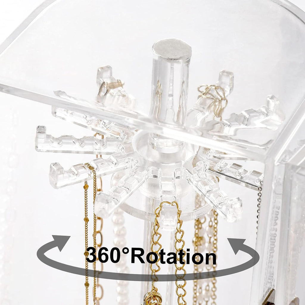 Acrylic Necklace Holder, Clear Necklace Organizer with 24 Hooks, Dustproof Rotation Jewelry Storage Holder Stand, Long Necklaces Pendant Bracelets Display Case for Dresser Bathroom Vanity Countertop