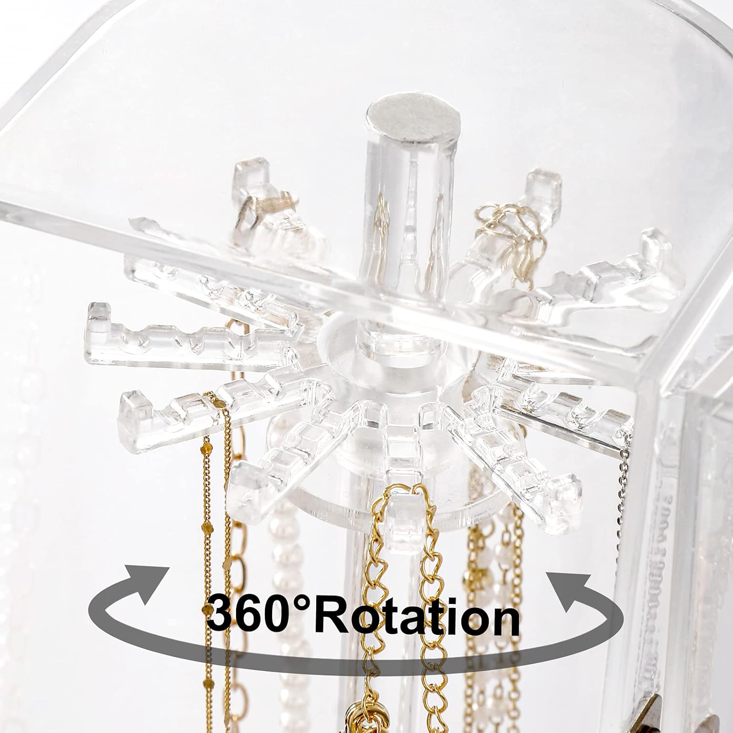Acrylic Necklace Holder, Clear Necklace Organizer with 24 Hooks, Dustproof Rotation Jewelry Storage Holder Stand, Long Necklaces Pendant Bracelets Display Case for Dresser Bathroom Vanity Countertop