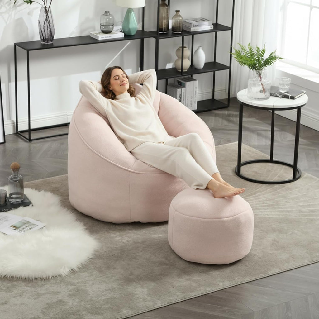Bean Bag Chairs, Gaint Bean Bag Couch with Memory Foam for Adults and Kids, Microfiber Upholstered Sofa with Ottoman, Comfy Lazy Bean Bag Reading Chair for Living Room