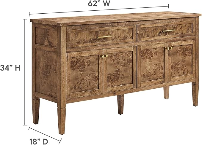 Modway Elysian 62" Wood Sideboard in Brown - Buffet Cabinet with Storage, Living Room Credenza, Media Console Cabinet, TV Stand, Entryway Table or Hallway Cabinet