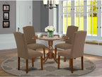 East West Furniture DLEN5-MAH-18 5 Piece Dining Room Furniture Set Includes a Round Dining Table with Dropleaf and 4 Dark Coffee Linen Fabric Upholstered Chairs, 42x42 Inch, Mahogany