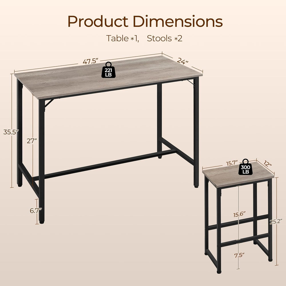 Yaheetech Counter Height Table, 47.5" Bar Table and Chairs Set for 2, Gray