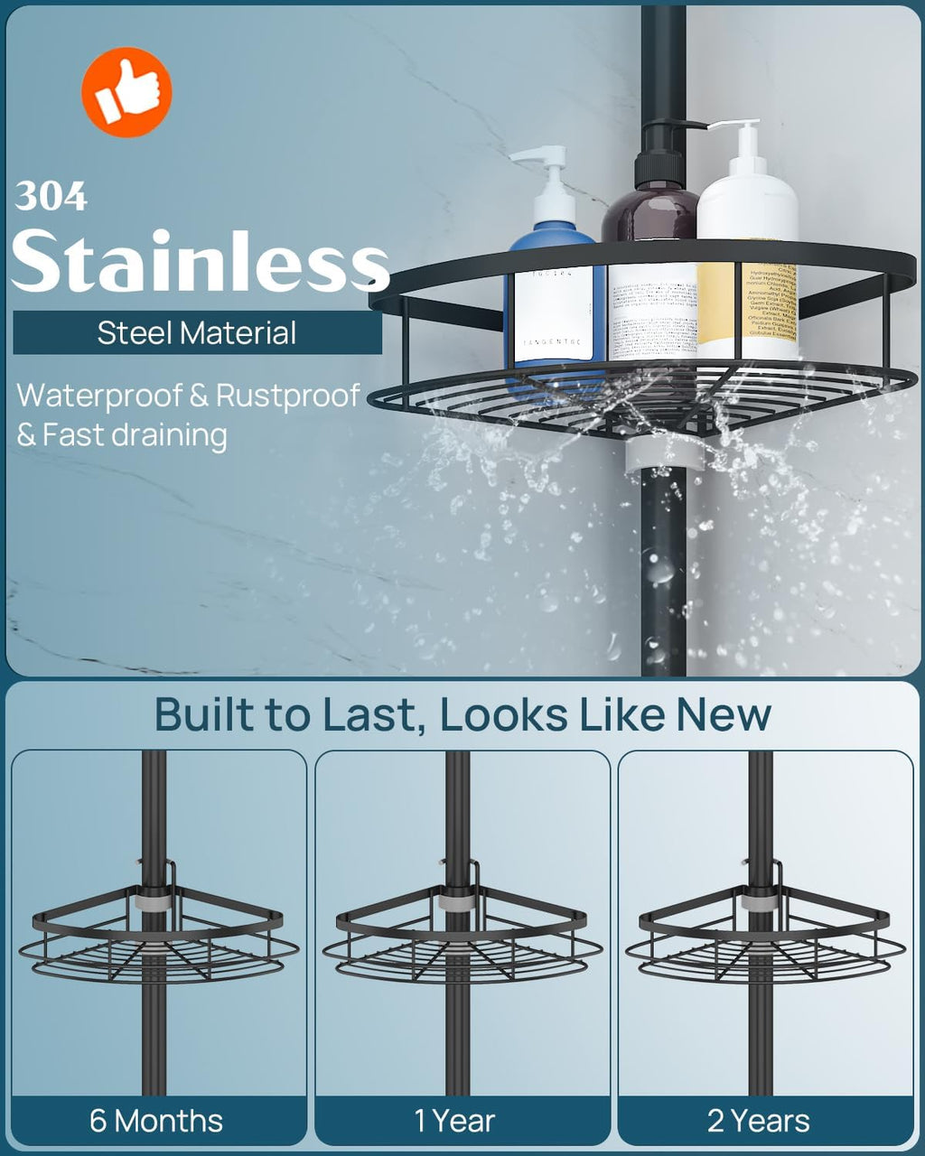 SEIRIONE Corner Shower Caddy Tension Pole, Rustproof Bathroom Shower Organizer Corner, 4-Tier Adjustable Bathroom Shelf, Solid Rack Ideal for Bathtub Storage, 34 to 116 Inch Height, Black