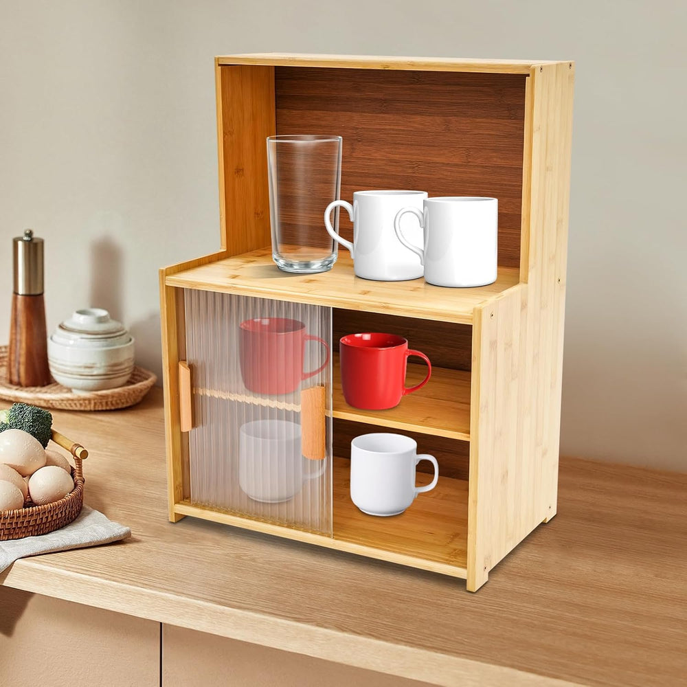 Kitchen Storage Cabinet with Sliding Doors, Bamboo Kitchen Pantry Sideboard, ...