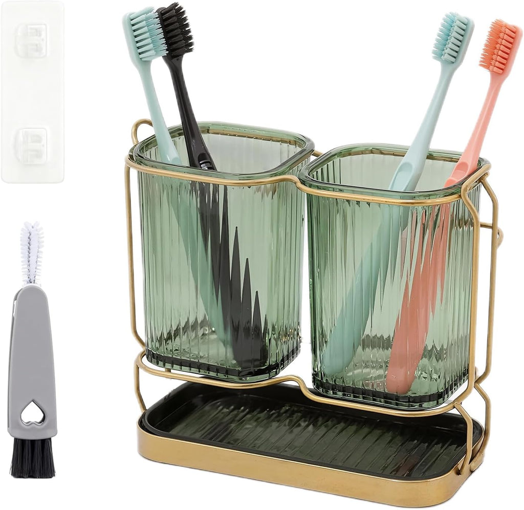 2-Pack Green Toothbrush Holders, Wall Mounted or Countertop Toothbrush Holders with Drain Tray, All-in-One Bathroom Organizers and Storage for Toothpaste, Razors, Family & Kids (Green)