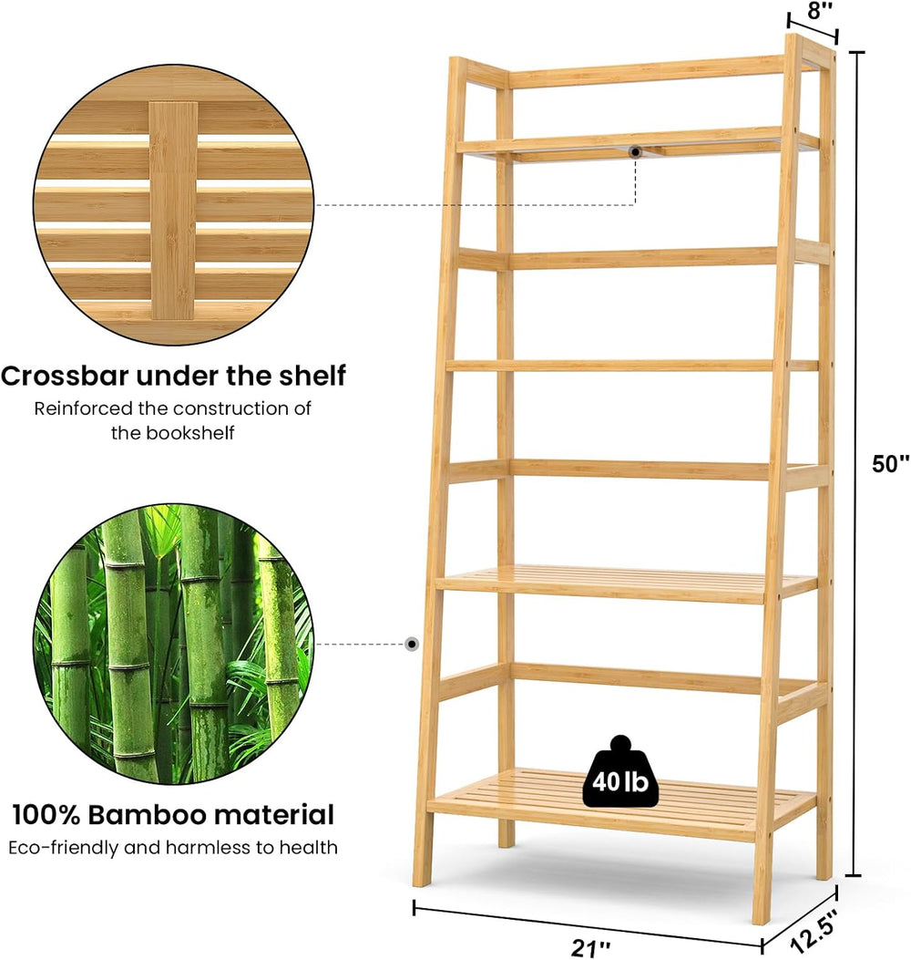 Bamboo Ladder Shelf, 4-Tier Wooden Ladder Bookshelf & Bookcase Organizer