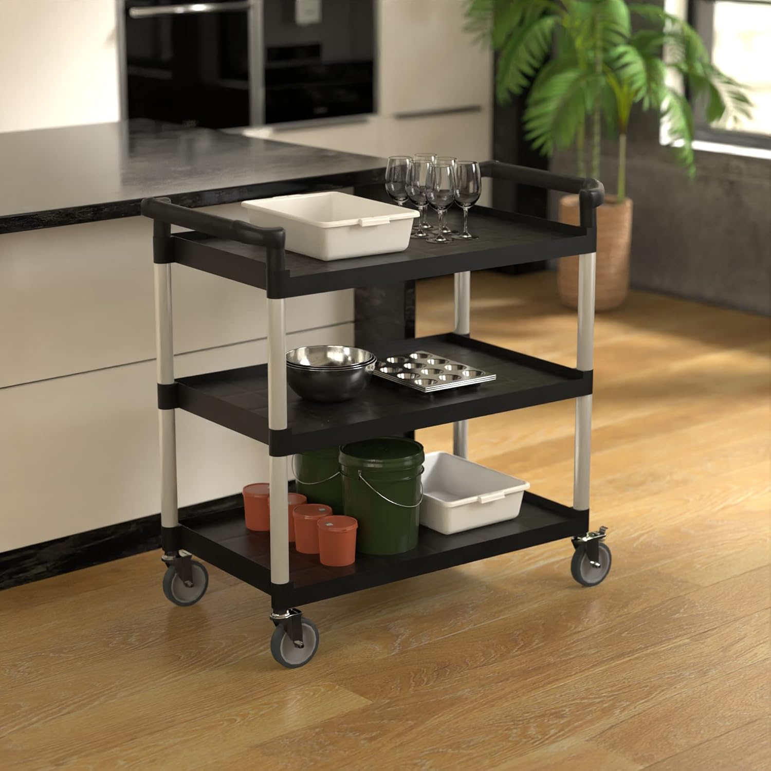 Black Utility/Bussing Cart with Three Shelves - 42" x 20"