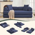 Convertible Folding Sofa Bed, Modular Floor Sofa with Removable Backrest, 3-Seater Fold Out Couch Bed with Pillows, King Size Futon Lazy Couch Corduroy Sleeper for Living Room, Dorm, Dark Blue