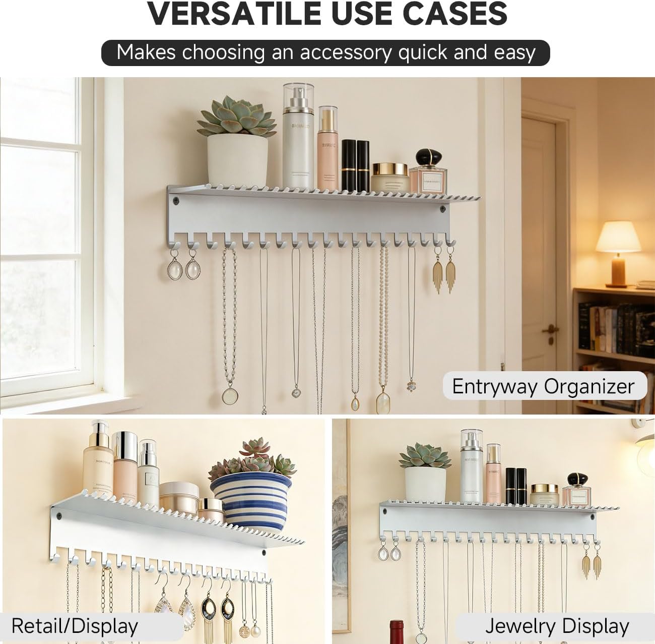Necklace Jewelry Holder Wall Hanging Organizer Hangers Storage Mounted Shelf with 56 Hooks Tray Display Girls Women Metal Door Earring Mount Key Chains Rack White