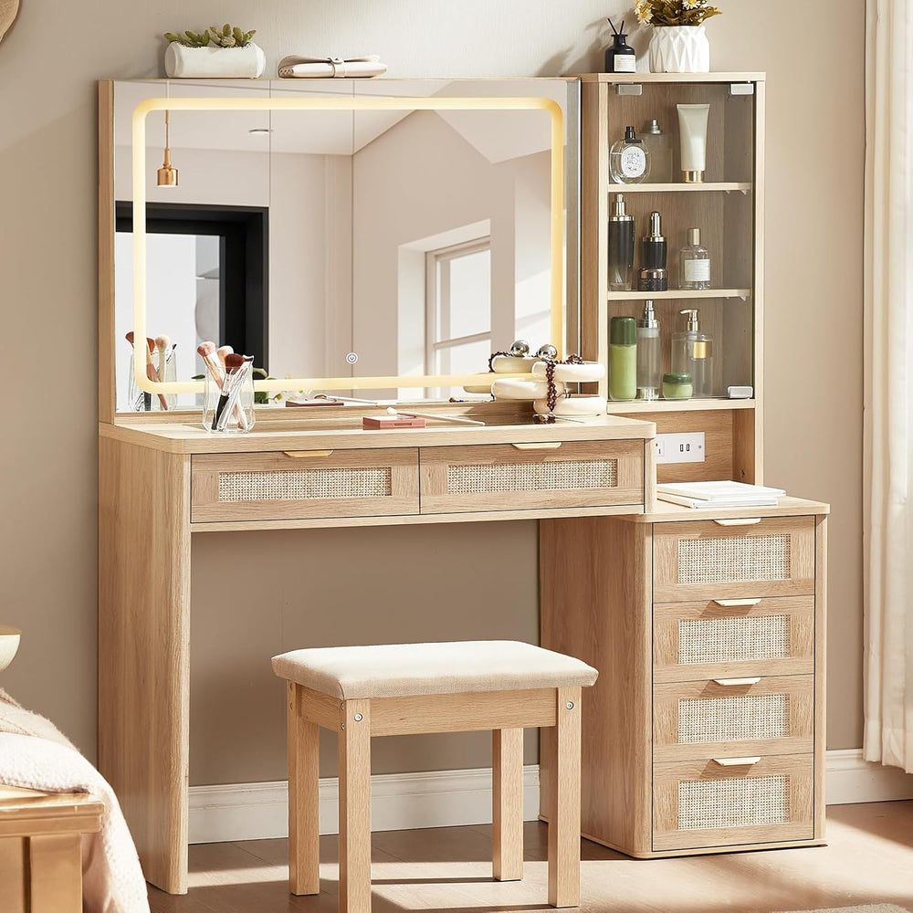 LEYAOYAO Rattan Makeup Vanity Desk with Stool, Mirror and Lights | Power Outl...