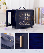 Homde Christmas Gifts Jewelry Box 360° Rotating, Necklace Earring Organizer with Transparent Window, Mirror, 7 Drawers, Large Ring Display Storage Case for Girls Women (Dark Blue)