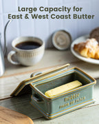 Butter Dish with Lid, Ceramic Butter Holder Container Large Butter Dish for Countertop Farmhouse Decor for Thanksgiving, Christmas Butter Keeper for East West Coast Butter, Green