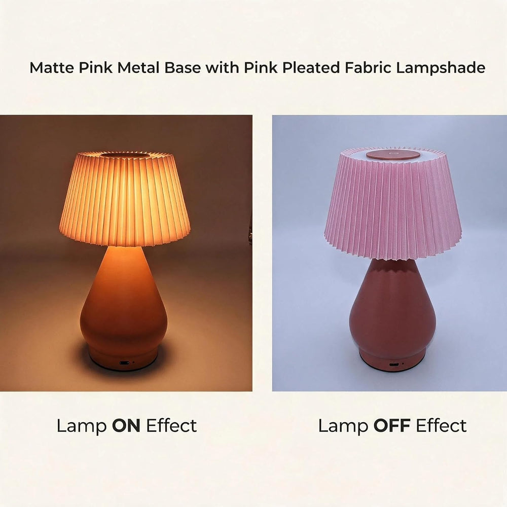 Cordless Rechargeable Small Pink Bedside Touch Table Lamp,Pleated Shade